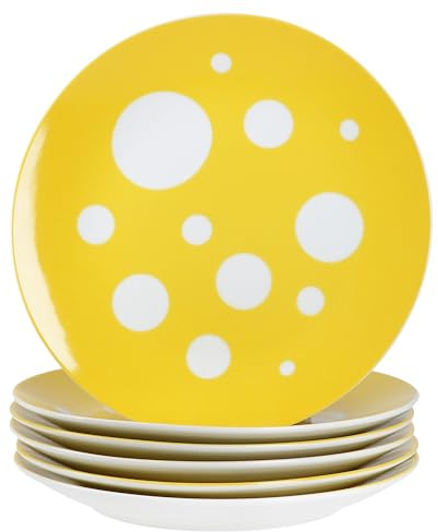 MamboCat Pula - Lot de 6 assiettes à gâteau jaunes - Assiettes à petit-déjeuner en porcelaine blanche avec pois pour 6 personnes - Petites assiettes pour salade, dessert, amuse-bouches, etc.