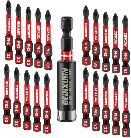 GEINXURN 20 Pièces Phillipes Cruciforme Antidérapant Embouts de Vissage aux Chocs PH2 50mm, Jeu d'embout Magnétique pour Visseuse Tournevis Tige Hexagonale 1/4 S2 Acier Allié avec 1 Porte-embout 60mm
