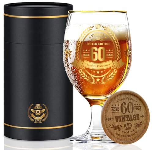 Fabuloustrim 60th Birthday Gifts for Men,Vintage Beer Glass with Wooden Coaster – Aged to Perfection 60th Beer Glass,Gift for Dad,Husband,Friend – Christmas,Father’s Day,Retirement Present