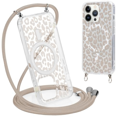 Coalbooliy Handykette Handyhülle für iPhone 13 Pro Max Hülle 6,7 mit Band Cover Kompatibel mit Magsafe, Transparent Aesthetic Leopard Muster Cover mit Kordel zum umhängen Case Stoßfest, 01