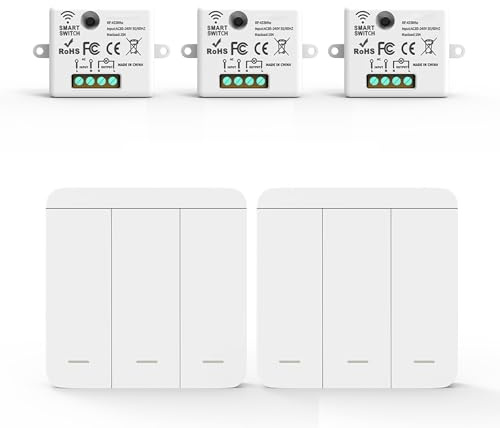 Kit Interruttore Luce Smart WiFi – Ricevitore + Interruttore Wireless, Controllo Remoto Intelligente compatibile con App Tuya e Google Home/Alexa (3 Ricevitori e 2 Interruttori (3 Tasti))