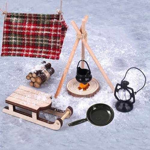 Miniatur Wichtel Zubehör Weihnachten Puppenhaus, Wichtel Schlitten Holz Feuerstelle Miniatur Weihnachten Lagerfeuer Zelte, Pfannen (Wichtel Zubehör (1))
