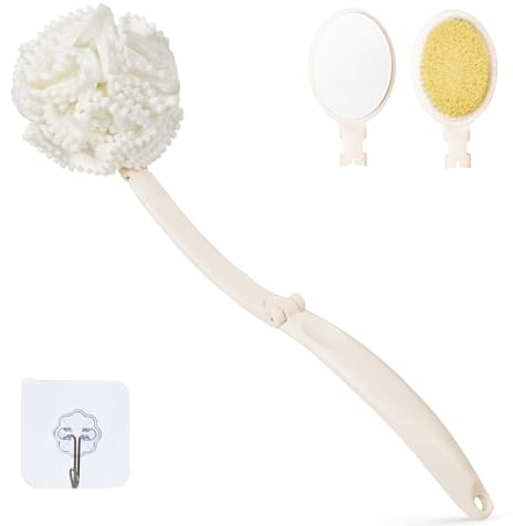 Topfinder Back Scrubber for Shower, Cream Applicators for Back, Loofah on a Stick Bath Brush Long Handle Sponge Puff (White)