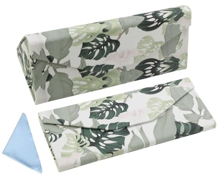 FlyingMage Foldable Glasses Holder Hard Shell Eyeglasses Case Fashion PU Leather Sunglasses Protective Cover, White Monstera, One size