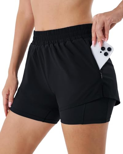 Hanyomo Damen 2-in-1 Laufshorts Yoga Fitness Bodybuilding High Waist Sportshorts mit Innenhose Reißverschlusstaschen Schwarz M