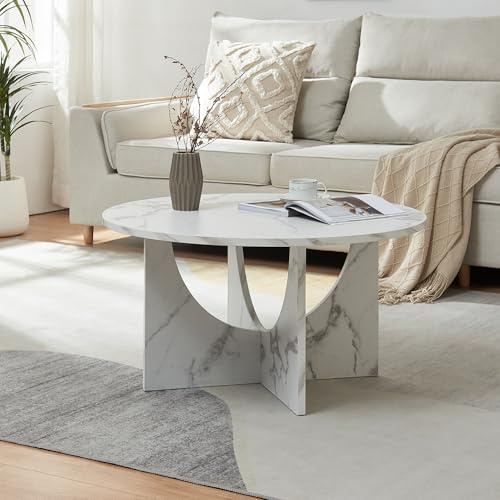 [en.casa] Tavolino Centrale da Caffè Tavolo Basso da Salotto con Piano Rotondo Ø80 x A42 cm per Soggiorno Sala - Effetto Marmo Bianco