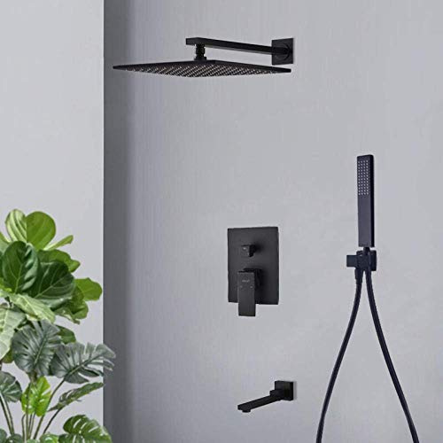 Ensemble de douche encastré, pommeau de douche noir avec flexible, pommeau de douche à effet pluie de 20 cm, pommeau de douche carré à surpression, mitigeur pour salle de douche (D_20 cm, D-30 cm)