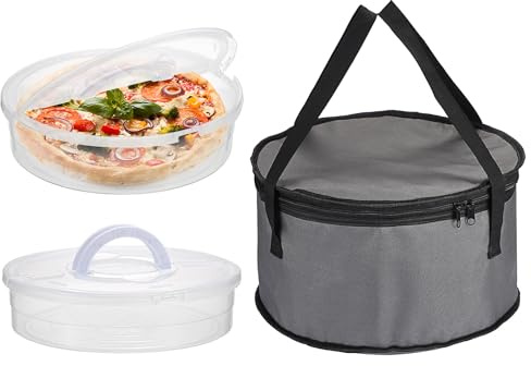 BSTKEY 2pcs Food Storage Containers with 1 Insulated Food Carrying Case Bag | Food-grade PP Reusable Pizza Storage Box Round Clear Pie Cake Carrier Cheesecake Organizer with Handle Lid, (30.5*30.5*7.5cm)