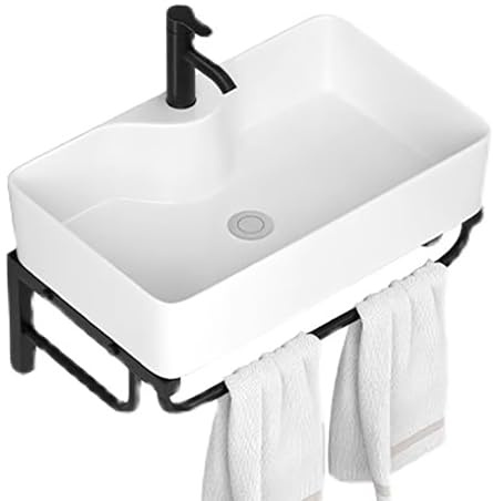 Lavabo de Pared con Toallero, Moderno Lavabo Baño de 60 x 40 cm, Mueble Lavabos Sobre Encimera, Lavabos Rectangular de Cerámica Blanca(White)