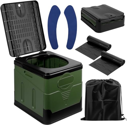 Zorplex Toilette de Camping Portable Pliable, WC de Voyage Léger avec Coussin, 24 Sacs Jetables & Sac de Transport, Seau Hygiénique Compact Max 150 kg, Idéal pour Camping, Randonnée, Voiture (Vert)