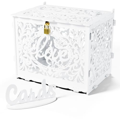 Jolik Caja de Tarjetas de Boda Grande Con Cerradura y Ranura, Caja de Buzón de Sobres Vintage de Madera para Boda, Aniversario, Fiesta de Cumpleaños, Graduación (Blanco)