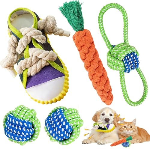 Zhixifan 4 stycken tuggleksaker, rep, pipande hundleksak, skor, klämleksaker, interaktiva, husdjur tuggleksaker, naturlig bomull, flätad, för tandrengöring, stressreducering, träning