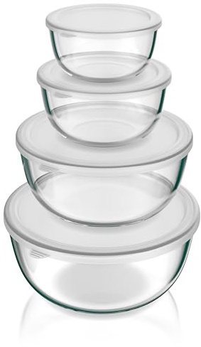Arendo - Rührschüsseln aus Glas mit Deckel - Glasschüssel 4er Set - 700ml + 1100ml + 2700ml + 4400ml – Rührschüsseln klein bis groß – Borosilikatglas - Salatschüssel Glasschale Salatglasschale