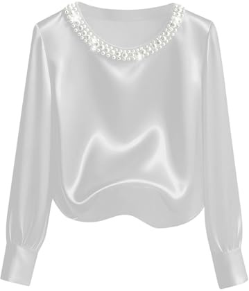Lovraj Blusa de satén para mujer, manga larga, con perlas, cuello redondo, blusa de satén, elegante, blusa de raso para negocios, blusa festiva de seda, Blanco, S