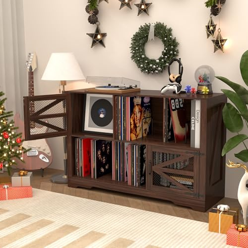 AeasyG MDF Mobile per Dischi con Finitura Noce， Supporto per 500+ Vinili, 2 Prese di Corrente & 2 USB,Anticaduta, Mobiletto Compatto per Soggiorno e Giradischi，Noce