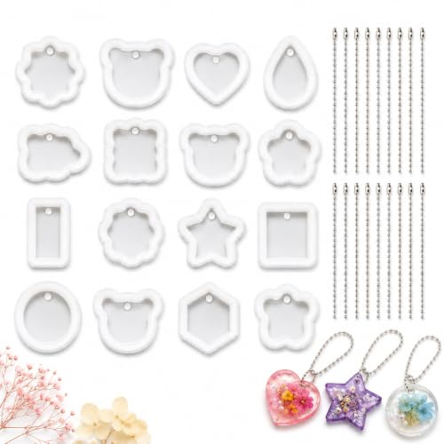 YPLANGENT 16 Stück Epoxidharz Formen Anhänger Set mit 20 Kugelketten, Gießformen Silikon Epoxidharz, Silikonformen für Schlüsselanhänger, Schmuck, Resin Formen und DIY Bastelprojekte