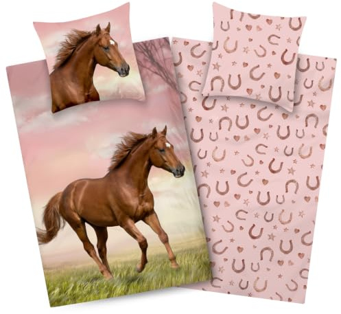 Aminata kids Bettwäsche 135x200 Pferde-Motiv Mädchen 100% Baumwolle rosa | weiche Wendebettwäsche mit Pferd - Marken Reißverschluss - für traumhafte Nächte - Tiere Tier-Motiv