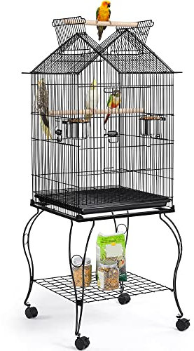 Yaheetech Gabbia Voliera per Uccelli Pappagalli Calopsite Inseparabili in Metallo con Piedistallo Tetto Apribile Chiudibile Nera 59 x 59 x 145 cm