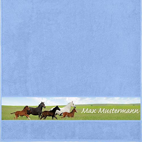 Manutextur Duschtuch mit Namen - personalisiert - Motiv Tiere - Pferde - viele Farben & Motive - Dusch-Handtuch - hellblau - Größe 70x140 cm - persönliches Geschenk mit Wunsch-Motiv und Wunsch-Name