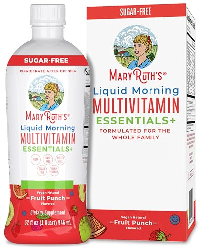 MaryRuth Organics, Liquid Morning Multivitamin Essentials+, Vitamines & Minéraux Importants, Sans Sucre, Saveur Punch aux Fruits, 946ml, Végan, Sans Gluten