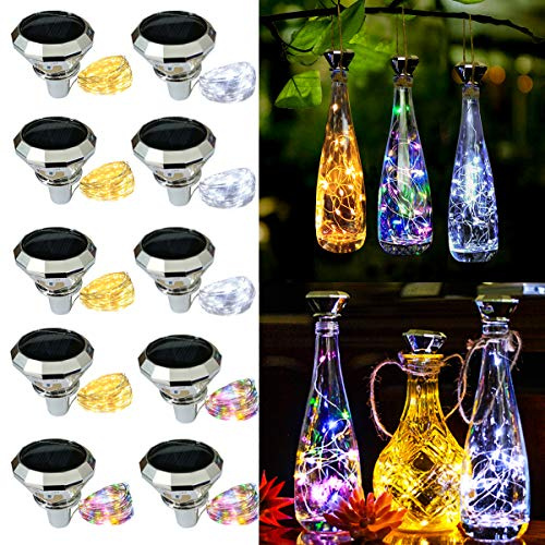ZYLiWoo Solar Diamond Wine Bottle Lights 10 Pack 20LED Outdoor Waterproof Multicolor Fairy Light String (3 Colors), Suitable for Most Wine Bottle Mouths, for Garden, Terrace, Party Decoration