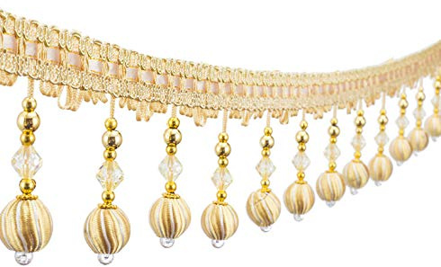 Yalulu 4 Yards Borte mit Quasten, Hängende Perlen Fransen Quaste Kugel Trim Stoffband Fransenband Kugelquaste Trimmen Quastenborte Vorhangborte Gardinen Vorhang Dekoborte (Gold)