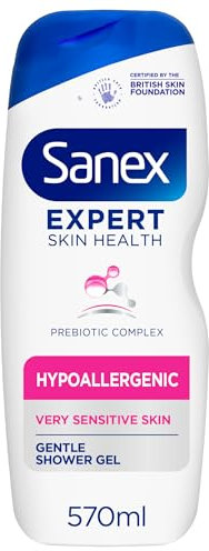 Sanex Expert Skin Health Hypoallergenic Shower Gel l 570ml, for Very Sensitive Skin, Sensitive Shower Gel, 12 Hour Hydration, Prebiotic & Postbiotic Complex, Dermatologically Tested, 0% Sulphates**