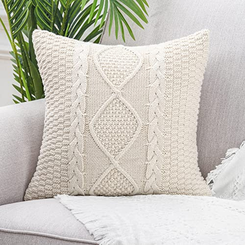 Mandioo Bomull Stickad Beige Kuddfodral 40 cm x 40 cm 16 x 16 tum Dekorativ Fyrkantig Mjuk Mysig Utomhus Prydnadskudde Fodral Lyxiga Moderna Kuddfodral för Soffa Bäddsoffa Vardagsrum