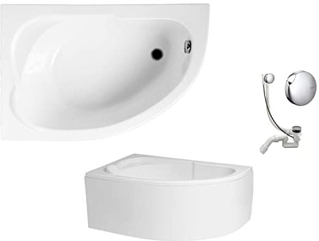 VBChome Badewanne Links 130x85 cm Acryl SET Schürze Siphon Wanne Ecke Eckbadewanne Weiß Design Modern Ablaufgarnitur Wanne Links Schürze Ablaufgarnitur Füße