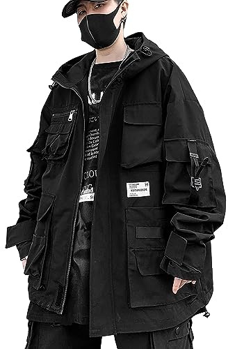 XYXIONGMAO Gotiska kläder taktisk cyberpunk techwear dragkedja jacka vindjacka huva streetwear jackor för män, svart, L