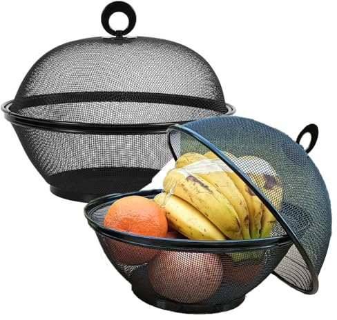 QWXOSR - Cesta de frutas con tapa para frutas (cuencos para servir frutas, dulces, aperitivos, 2 cestas de frutas + 2 tapas; 2 juegos total)