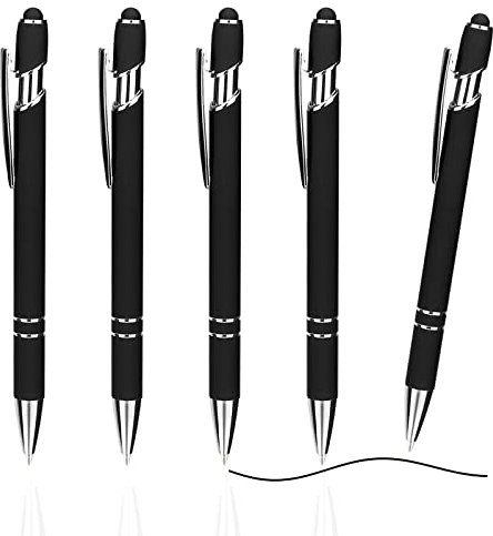ENLACE Hochwertige Kugelschreiber Mit Touchpen - 5 Stück Ergonomische Kulis Mit Rutschfester Griffzone, Schwarz, Metall-Set für Büro und Haushalt