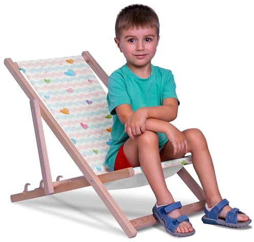 DreamRoots Kinder Liegestuhl Holz Gr. S, Pastel Hearts | Klappbarer Campingstuhl faltbar, für Garten & Strand, bis 130 kg, waschbarer Bezug, 100% Polyester, UV-beständig, Kinderliege