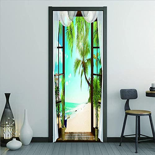 Türtapete Selbstklebend Landschaft Mit Grünen Bäumen Am Meer 77 X 200 Cm Türtapete Selbstklebend Türposter,Fototapete Selbstklebend 3D Pvc Türaufkleber Diy Türbild,Türfolie Poster Tapete - Türwandau
