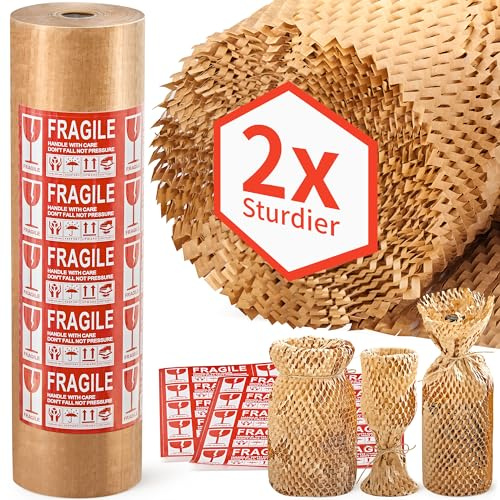 JARLINK Honeycomb Packing Paper, 15x 213' Bubble Packing Wrap for Packing/Shipping/Moving, Eco-Friendly Bubble Packing Paper Wrapping Roll, Recyclable Moving Supplies With 20 Fragile Sticker Labels