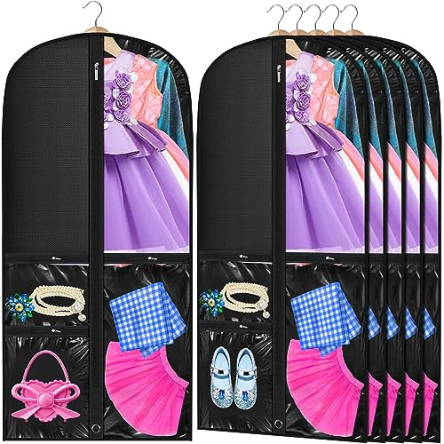 Suttmin 6 Pcs 24'' x 50'' Clear PVC Garment Bag Dance Costume Competition Bag with Rack Zippers Pockets Hanging Garment Covers Costume Organizer Costume Carrier for Adults Kids(Black)