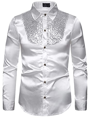 Loalirando Camicia con paillettes da uomo, discoteca, festa, cerimonia, camicetta lucida con bottoni, scollo a risvolto, maniche lunghe, slim