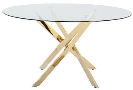 Vente-unique-Table à Manger Ronde 6 Personnes en Verre trempé et métal doré - Transparent - Cosima