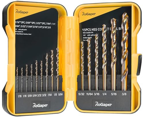 ROGAPER 15Pcs Cobalt Drill Bit Set, M35 HSS Jobber Length Twist Drill Bit Set for Cast Iron, Stainless Steel, Plastic and Wood, 1/16 - 3/8