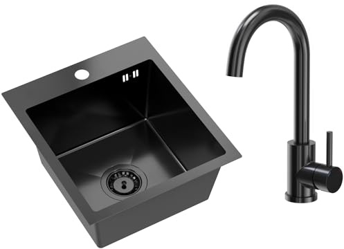 VBChome Edelstahlspüle mit Armatur 40 x 45 cm Schwarz Edelstahl Einbauspüle mit Hahnloch Edelstahl Küchenspüle Spüle Groß Becken Ablaufgarnitur Siphon Edelstahlspüle Schwarz PVD Armatur