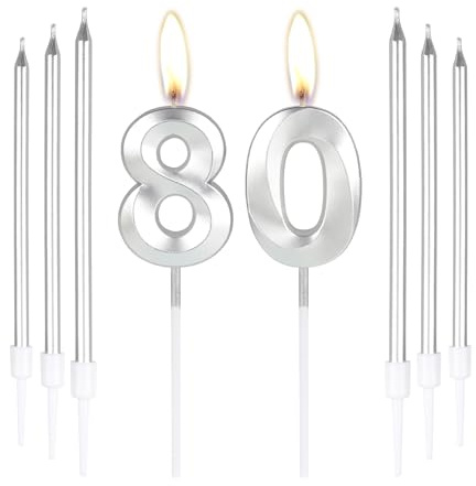 Silber 80 Geburtstag Kuchen Kerzen Zahl 80 Kerzen mit 6 Stück langen Kerzen, Partykerzen für Kuchen, Silberkerzen Kuchendekorationen für Jungen, Mädchen, Männer, Frauen, 80. Geburtstag Dekorationen