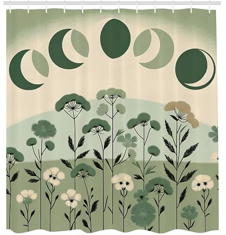 ABAKUHAUS Salbeigrün Duschvorhang, Mid Century Modern Boho Style Einfache Mondphase mit blättrigem Szenario, Stoffliches Gewebe mit Haken, 175 x 200 cm, Türkis Eierschale Dunkelgrau