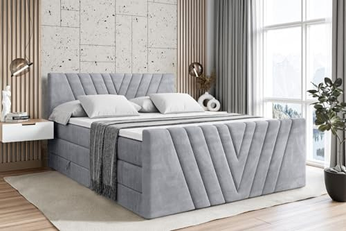 ALTDECOR Boxspringbett mit Matratze und Lattenrost, Topper, Fußteil,Polsterbett mit Bettkasten, Bett mit Stauraum H3- und H4- Matratze, Doppelbett - ERNINA-Z King - 180x200 - Grau Monolith