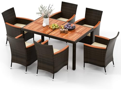 TANGZON Outdoor Rattan Dining Set, Patio Acacia Wood Table and Chairs with Soft Cushions & Parasol Hole, 5/7/9PCS Garden Furniture Set for Backyard, Balcony, Poolside (7PCS, with Stackable Chairs)