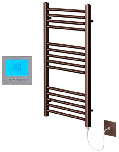 Greened House Brushed Bronze Electric Towel Rail 500mm W x 800mm H + Timer | Includes 7 Day Timer/Thermostat, Heated, Flat, Bathroom, Straight, Towel Warmer
