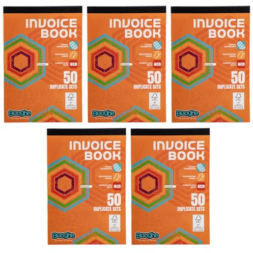 Booghe, Libreta de facturas duplicadas NCR autocopiativas, 50 juegos, 137 x 203 mm, paquete de 5