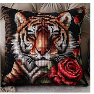 kitphoenix Knüpfkissen Set Tiger Latch Hook Kissen Kit für Kinder oder Anfänger Erwachsene zum Selber Knüpfen, DIY Knüpfteppich Knüpfpackung, Knüpfhaken Set 43 x 43 cm