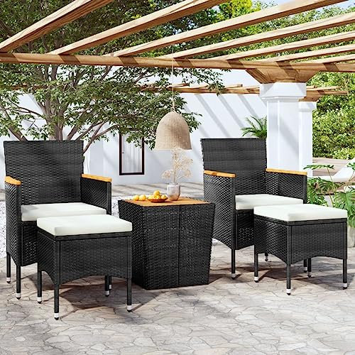 Homgoday Bistro-Set für Garten, 5-teilig, Polyrattan und massives Akazienholz, schwarz, Tisch und Stühle für den Außenbereich, Gartenmöbel, Gartenmöbel-Set Z