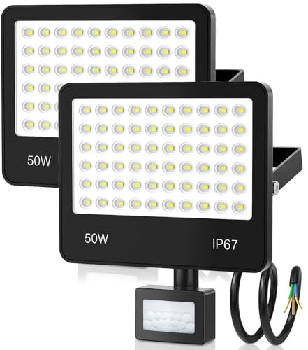 2 Piezas 50W Foco LED con Sensor Movimiento, 5000LM Focos LED Exterior, IP67 Impermeable Luz LED con Sensor de Movimiento 6500K Proyector led Iluminación de Seguridad para Jardín Patio Terraza
