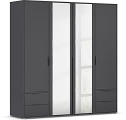 Rauch Möbel NAGATA, Kleiderschrank, Farbe Grau metallic, Breite 187 cm | Schrank, Mehrzweckschrank, 4-türig, Spiegel, 4 Schubladen, für Schlafzimmer, Kinderzimmer, Studentenwohnung, Homeoffice